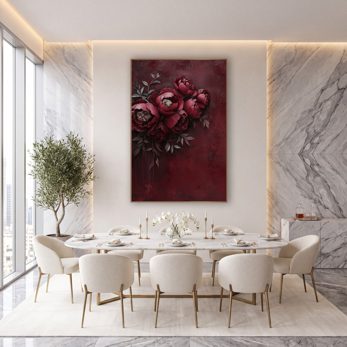 Rosewood Peony Corner Spray Painterly wall art in an elegant modern room – bouquet of burgundy peonies with cream