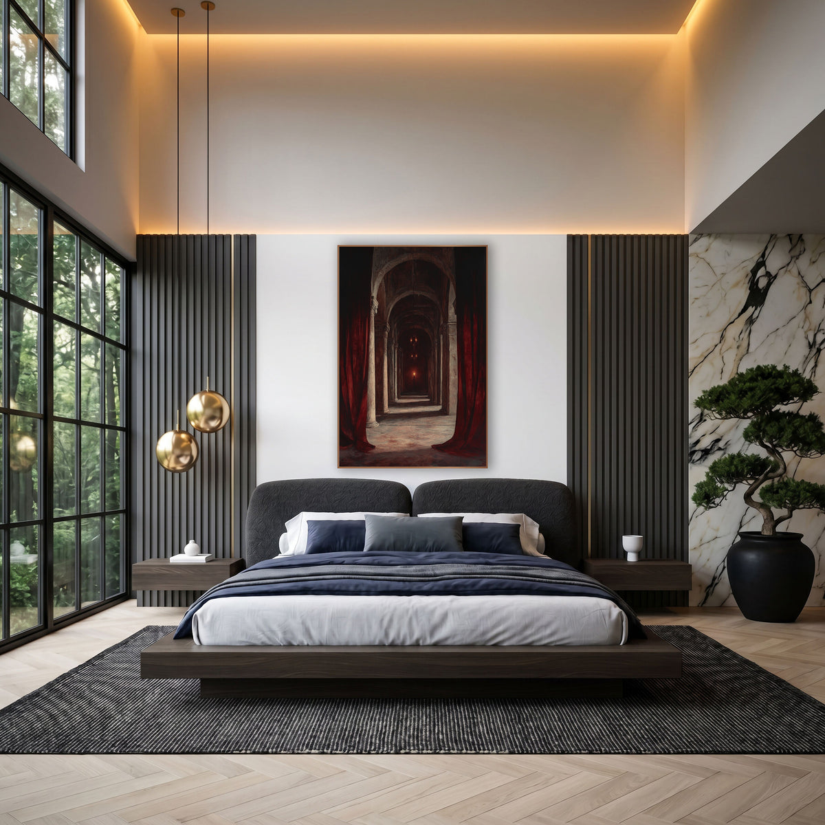 Crimson Curtain Archway Gothic Drama wall art in an elegant modern room – deep red curtains parted to show a long hall