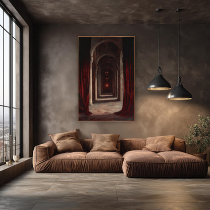 Crimson Curtain Archway Gothic Drama wall art in an elegant modern room – deep red curtains parted to show a long hall