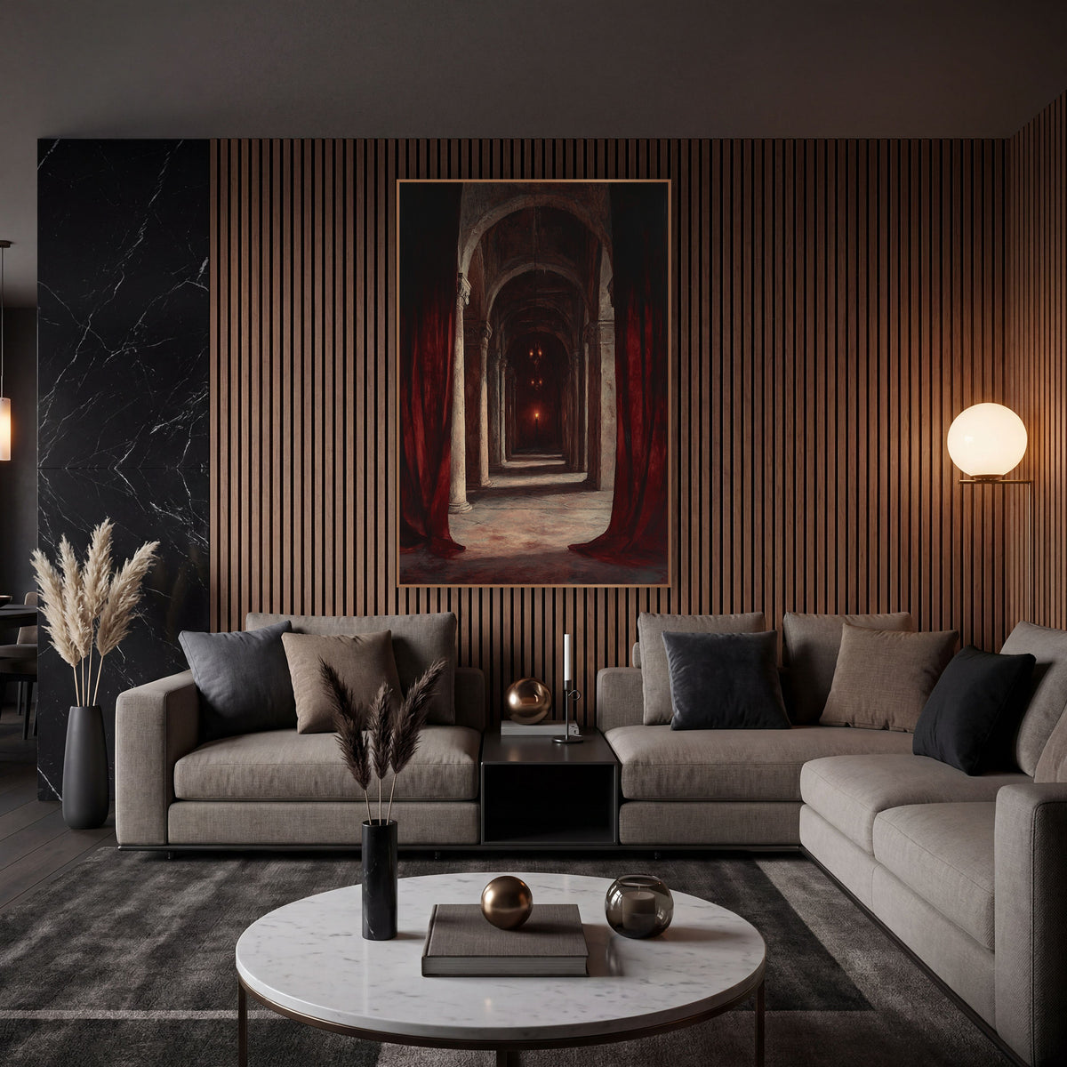 Crimson Curtain Archway Gothic Drama wall art in an elegant modern room – deep red curtains parted to show a long hall