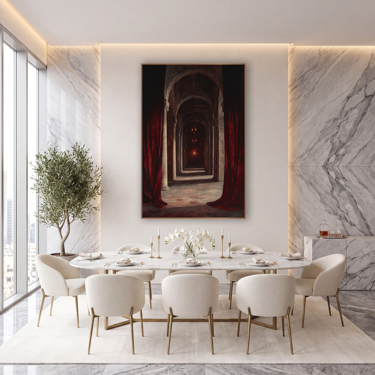 Crimson Curtain Archway Gothic Drama wall art in an elegant modern room – deep red curtains parted to show a long hall