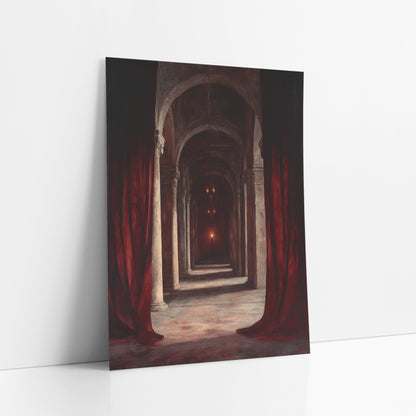 Crimson Curtain Archway Gothic Drama art print leaning against a white wall – deep red curtains parted to show a long hall