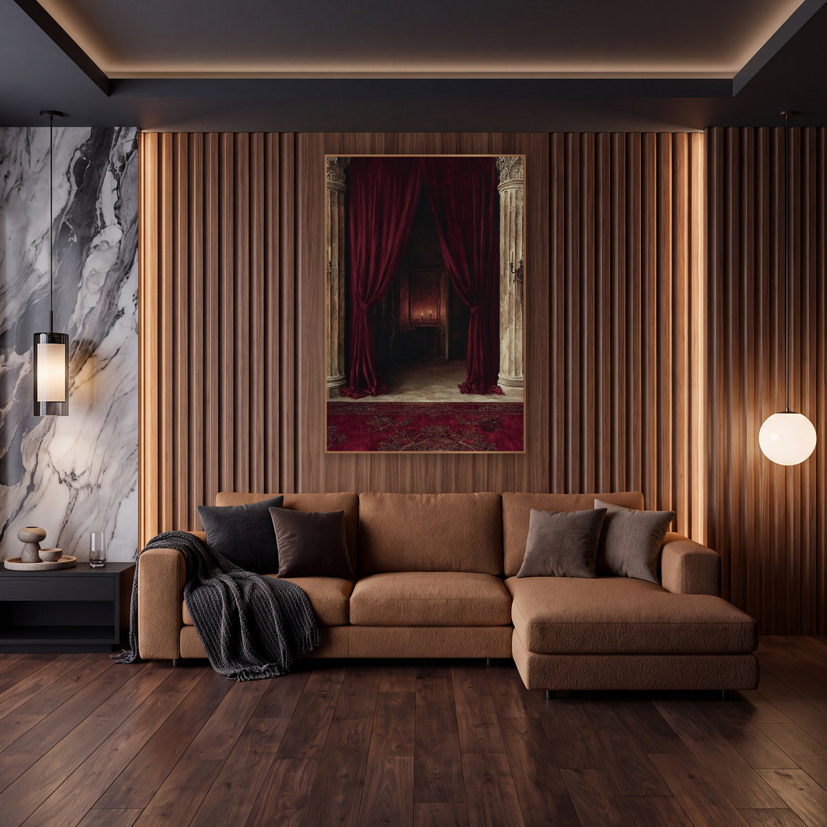 Crimson Velvet Curtain Columns Dramatic wall art in an elegant modern room – deep red velvet curtains tied back