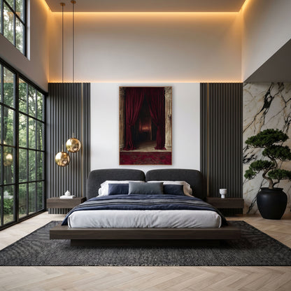 Crimson Velvet Curtain Columns Dramatic wall art in an elegant modern room – deep red velvet curtains tied back