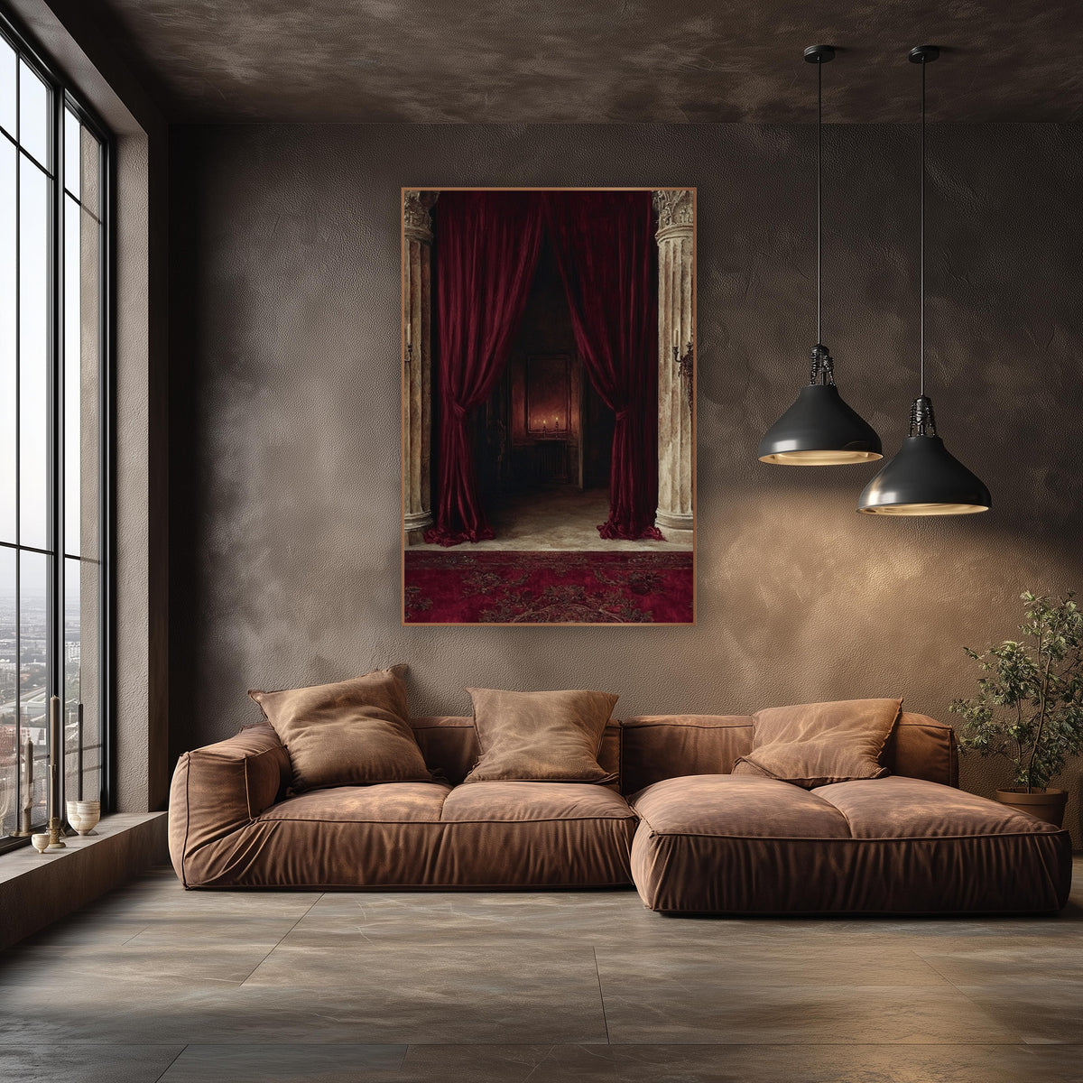 Crimson Velvet Curtain Columns Dramatic wall art in an elegant modern room – deep red velvet curtains tied back