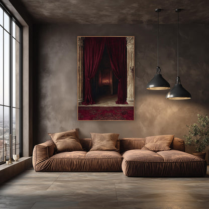 Crimson Velvet Curtain Columns Dramatic wall art in an elegant modern room – deep red velvet curtains tied back