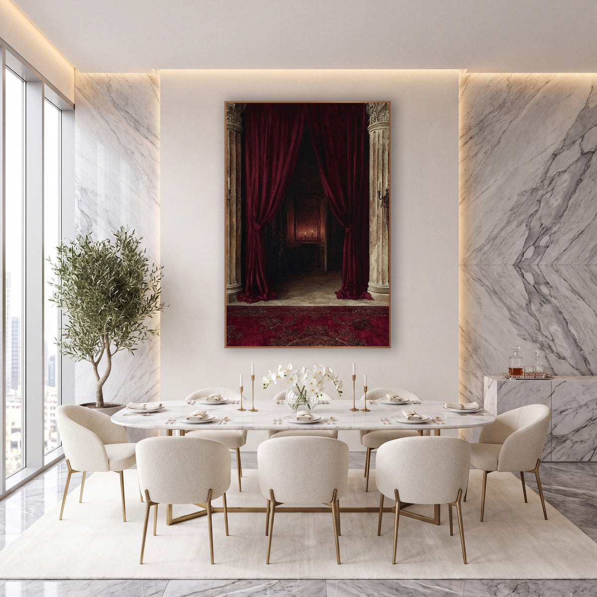 Crimson Velvet Curtain Columns Dramatic wall art in an elegant modern room – deep red velvet curtains tied back