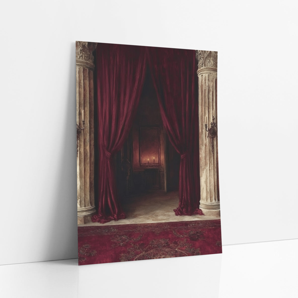 Crimson Velvet Curtain Columns Dramatic art print leaning against a white wall – deep red velvet curtains tied back between