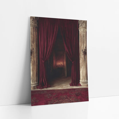 Crimson Velvet Curtain Columns Dramatic art print leaning against a white wall – deep red velvet curtains tied back between