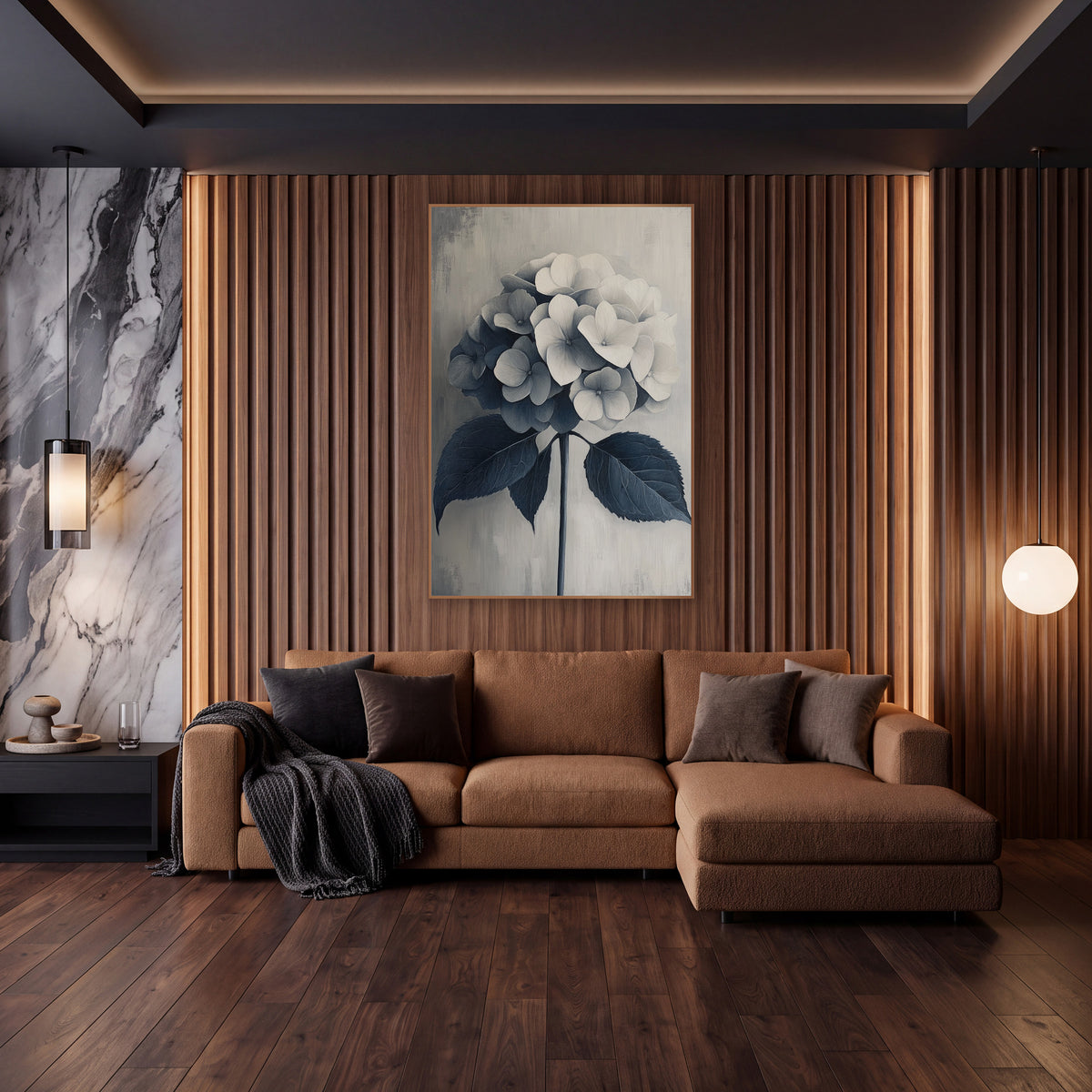 Navy Gray Hydrangea Tone on Tone wall art in an elegant modern room – hydrangea flower head fading from cream to navy