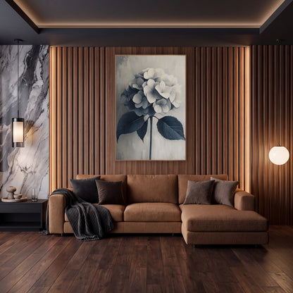 Navy Gray Hydrangea Tone on Tone wall art in an elegant modern room – hydrangea flower head fading from cream to navy