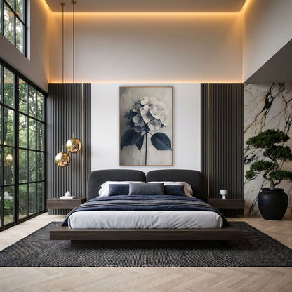 Navy Gray Hydrangea Tone on Tone wall art in an elegant modern room – hydrangea flower head fading from cream to navy