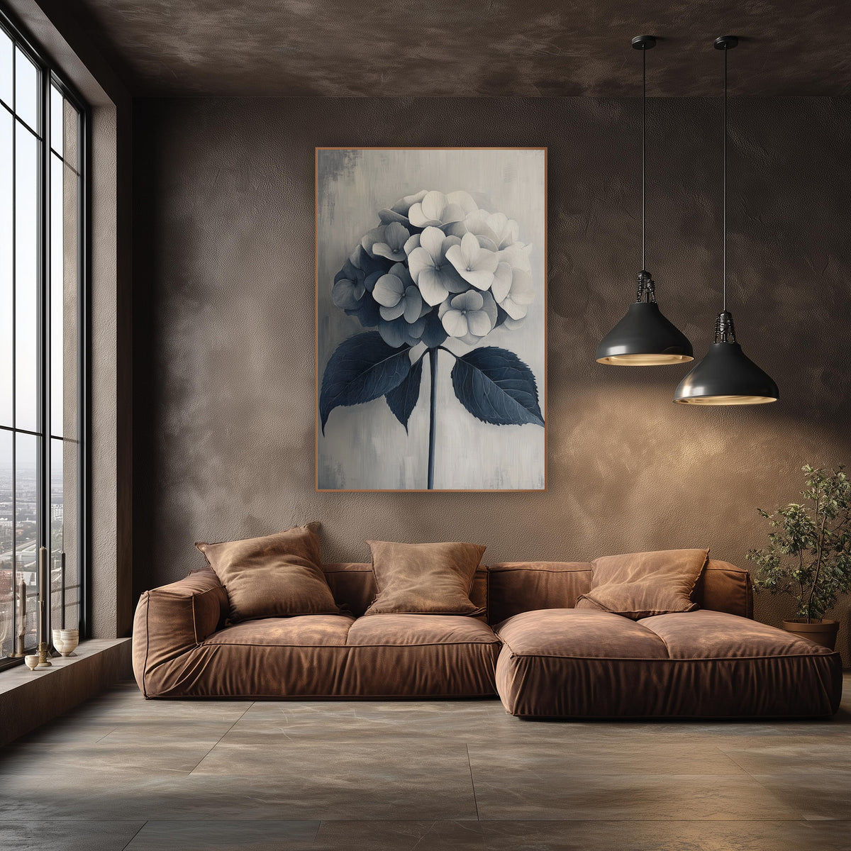 Navy Gray Hydrangea Tone on Tone wall art in an elegant modern room – hydrangea flower head fading from cream to navy