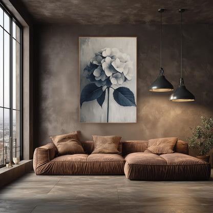 Navy Gray Hydrangea Tone on Tone wall art in an elegant modern room – hydrangea flower head fading from cream to navy