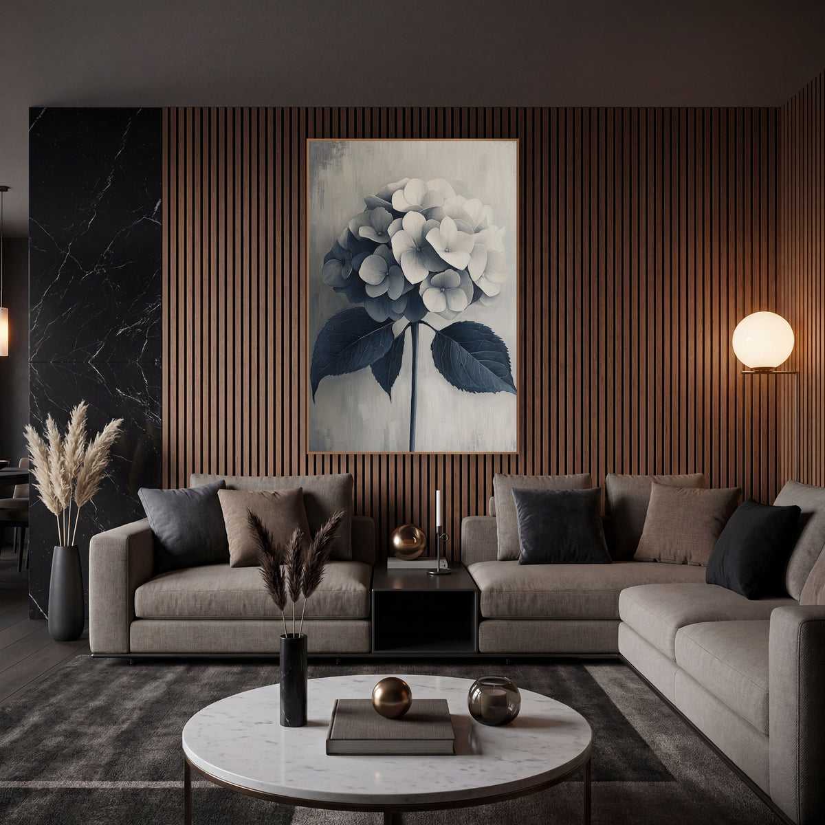 Navy Gray Hydrangea Tone on Tone wall art in an elegant modern room – hydrangea flower head fading from cream to navy