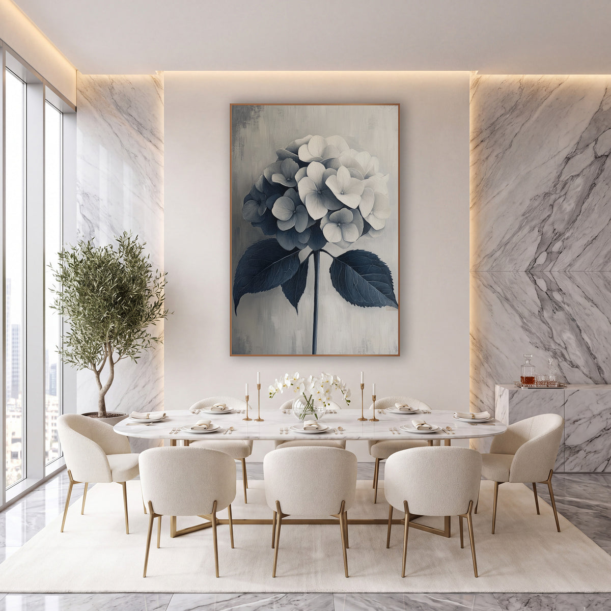 Navy Gray Hydrangea Tone on Tone wall art in an elegant modern room – hydrangea flower head fading from cream to navy