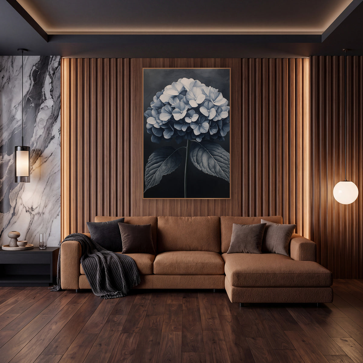 Moonlit Hydrangea Dome Charcoal Luxe wall art in an elegant modern room – round hydrangea bloom in ivory and slate