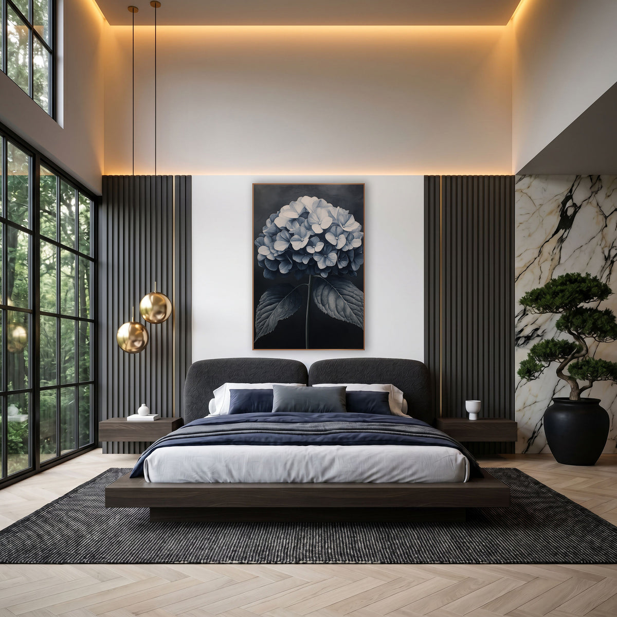 Moonlit Hydrangea Dome Charcoal Luxe wall art in an elegant modern room – round hydrangea bloom in ivory and slate