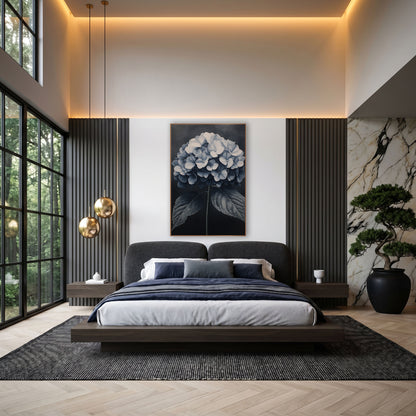 Moonlit Hydrangea Dome Charcoal Luxe wall art in an elegant modern room – round hydrangea bloom in ivory and slate