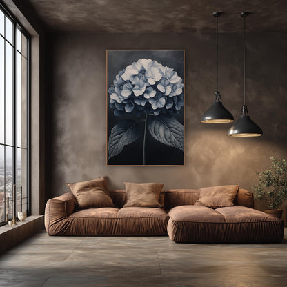 Moonlit Hydrangea Dome Charcoal Luxe wall art in an elegant modern room – round hydrangea bloom in ivory and slate