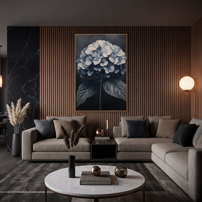 Moonlit Hydrangea Dome Charcoal Luxe wall art in an elegant modern room – round hydrangea bloom in ivory and slate
