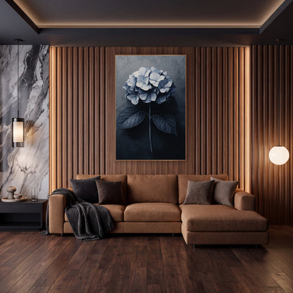 Navy Hydrangea Bloom Moody Botanical wall art in an elegant modern room – navy and white hydrangea flower head