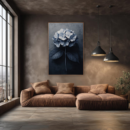 Navy Hydrangea Bloom Moody Botanical wall art in an elegant modern room – navy and white hydrangea flower head