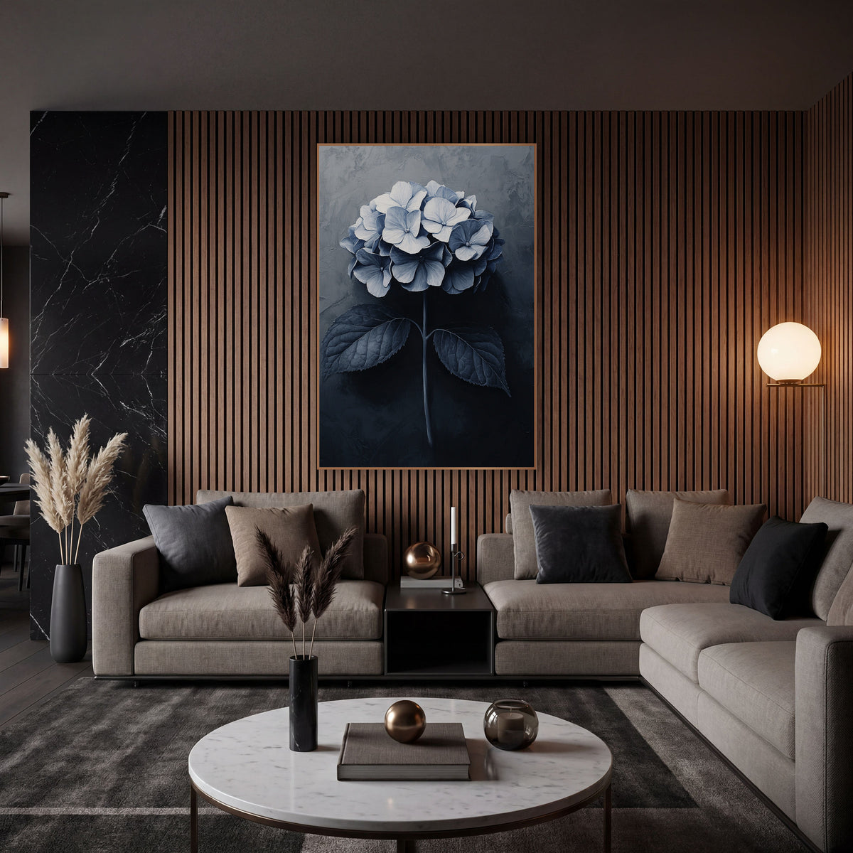 Navy Hydrangea Bloom Moody Botanical wall art in an elegant modern room – navy and white hydrangea flower head