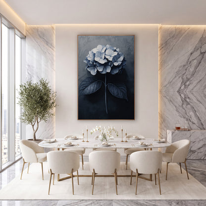 Navy Hydrangea Bloom Moody Botanical wall art in an elegant modern room – navy and white hydrangea flower head