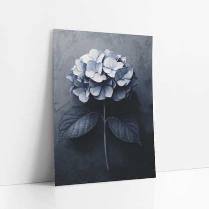 Navy Hydrangea Bloom Moody Botanical art print leaning against a white wall – navy and white hydrangea flower head on a long