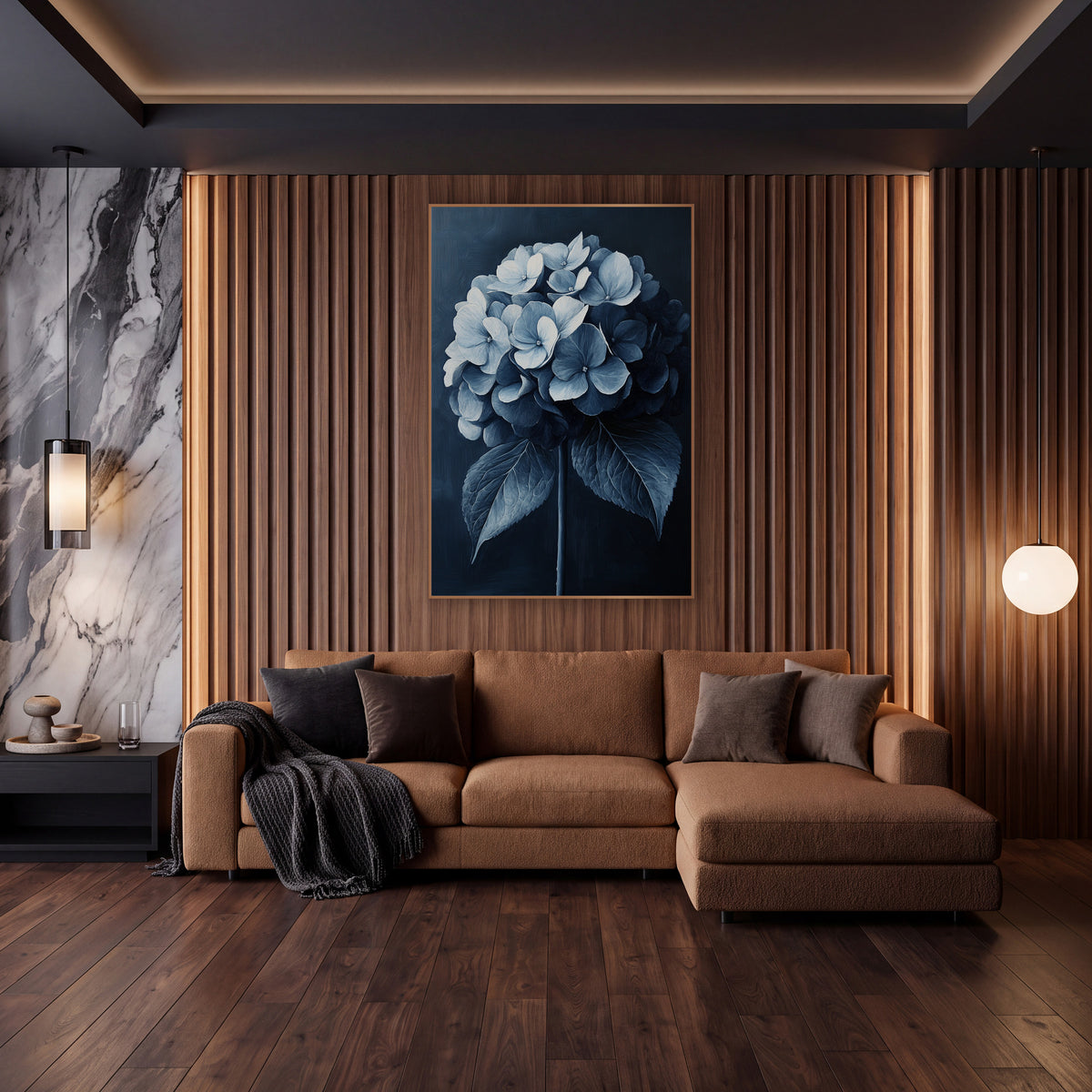 Indigo Hydrangea Cluster Painterly Botanical wall art in an elegant modern room – round hydrangea flower head in navy