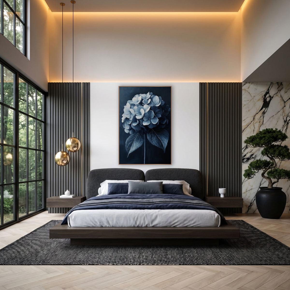 Indigo Hydrangea Cluster Painterly Botanical wall art in an elegant modern room – round hydrangea flower head in navy