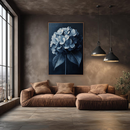 Indigo Hydrangea Cluster Painterly Botanical wall art in an elegant modern room – round hydrangea flower head in navy