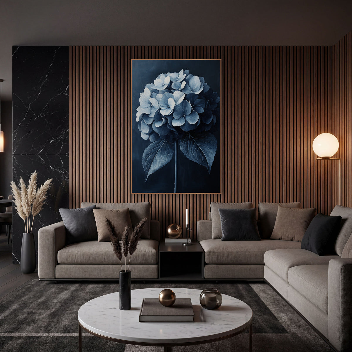 Indigo Hydrangea Cluster Painterly Botanical wall art in an elegant modern room – round hydrangea flower head in navy