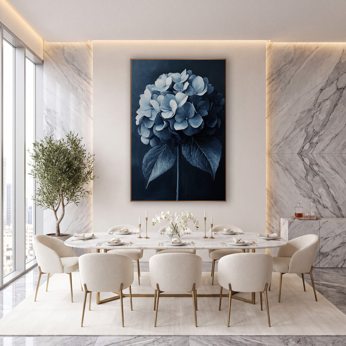 Indigo Hydrangea Cluster Painterly Botanical wall art in an elegant modern room – round hydrangea flower head in navy