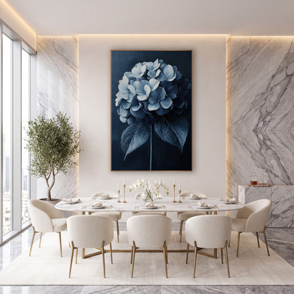 Indigo Hydrangea Cluster Painterly Botanical wall art in an elegant modern room – round hydrangea flower head in navy