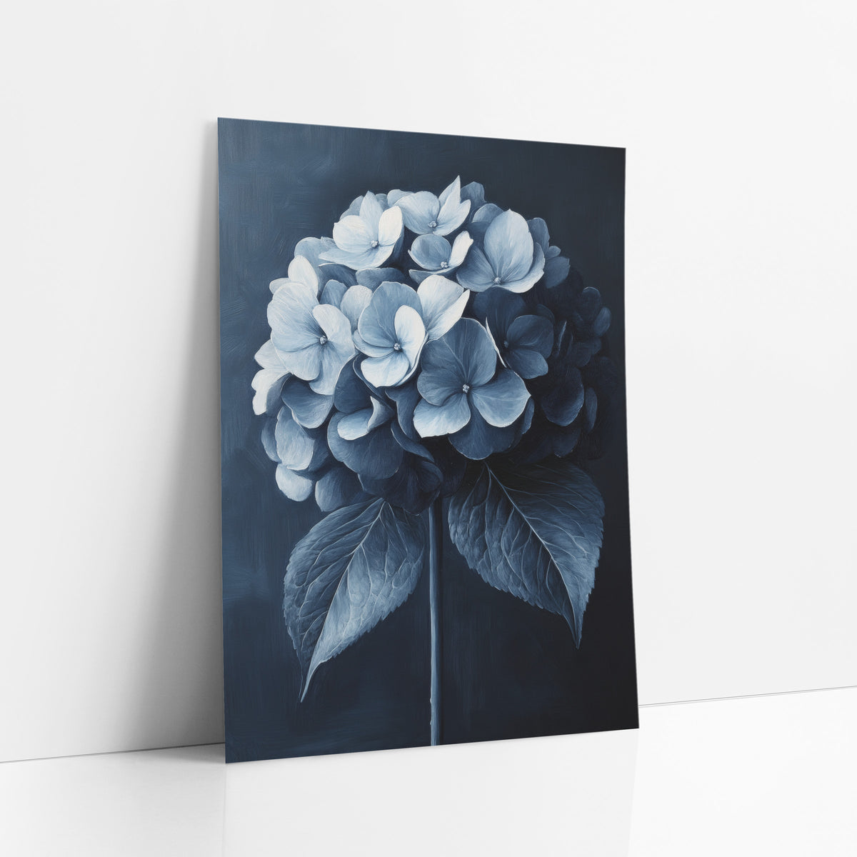Indigo Hydrangea Cluster Painterly Botanical art print leaning against a white wall – round hydrangea flower head in navy