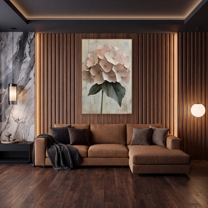 Blush Hydrangea Palette Knife Romantic wall art in an elegant modern room – blush pink hydrangea flower head with two