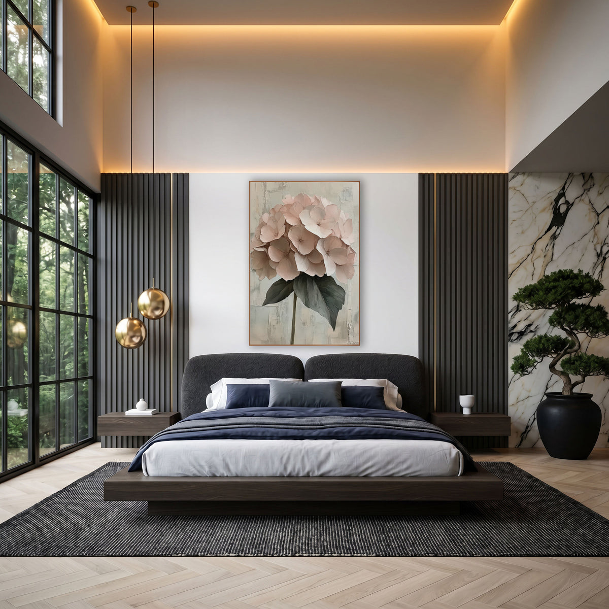 Blush Hydrangea Palette Knife Romantic wall art in an elegant modern room – blush pink hydrangea flower head with two