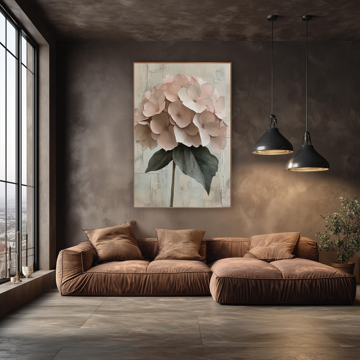 Blush Hydrangea Palette Knife Romantic wall art in an elegant modern room – blush pink hydrangea flower head with two