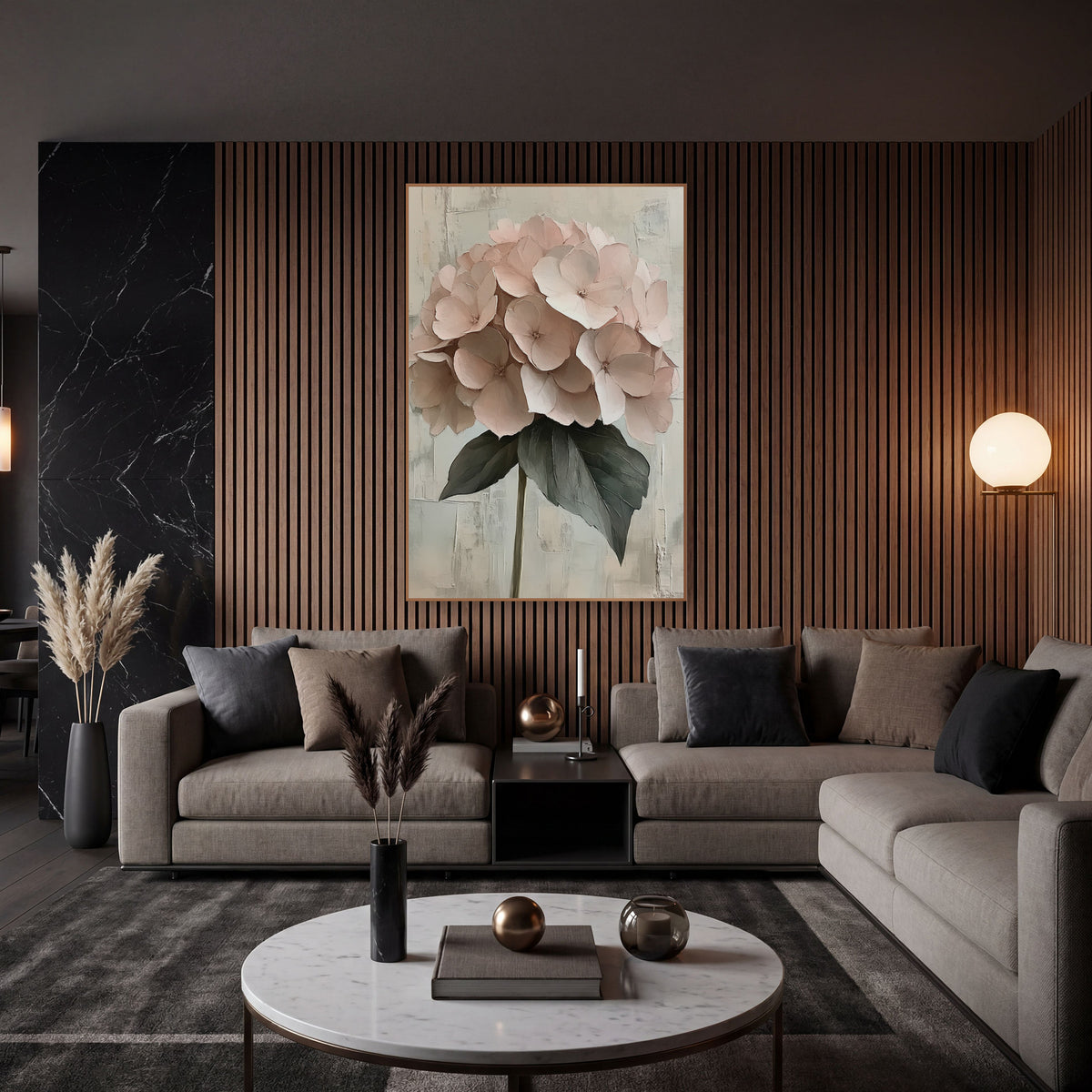 Blush Hydrangea Palette Knife Romantic wall art in an elegant modern room – blush pink hydrangea flower head with two