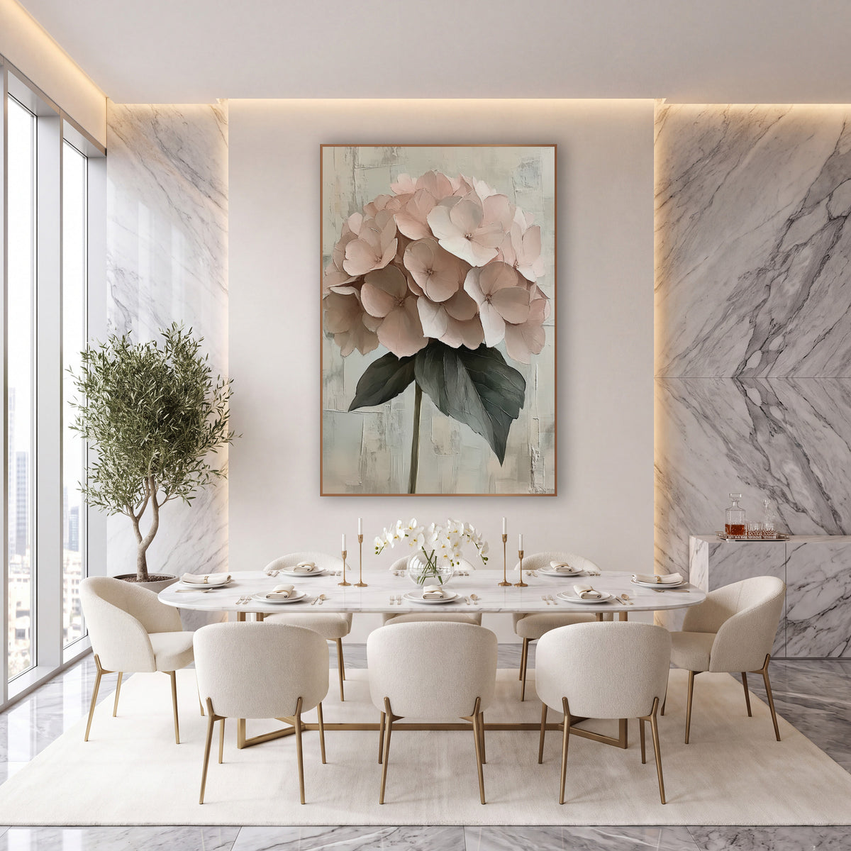 Blush Hydrangea Palette Knife Romantic wall art in an elegant modern room – blush pink hydrangea flower head with two