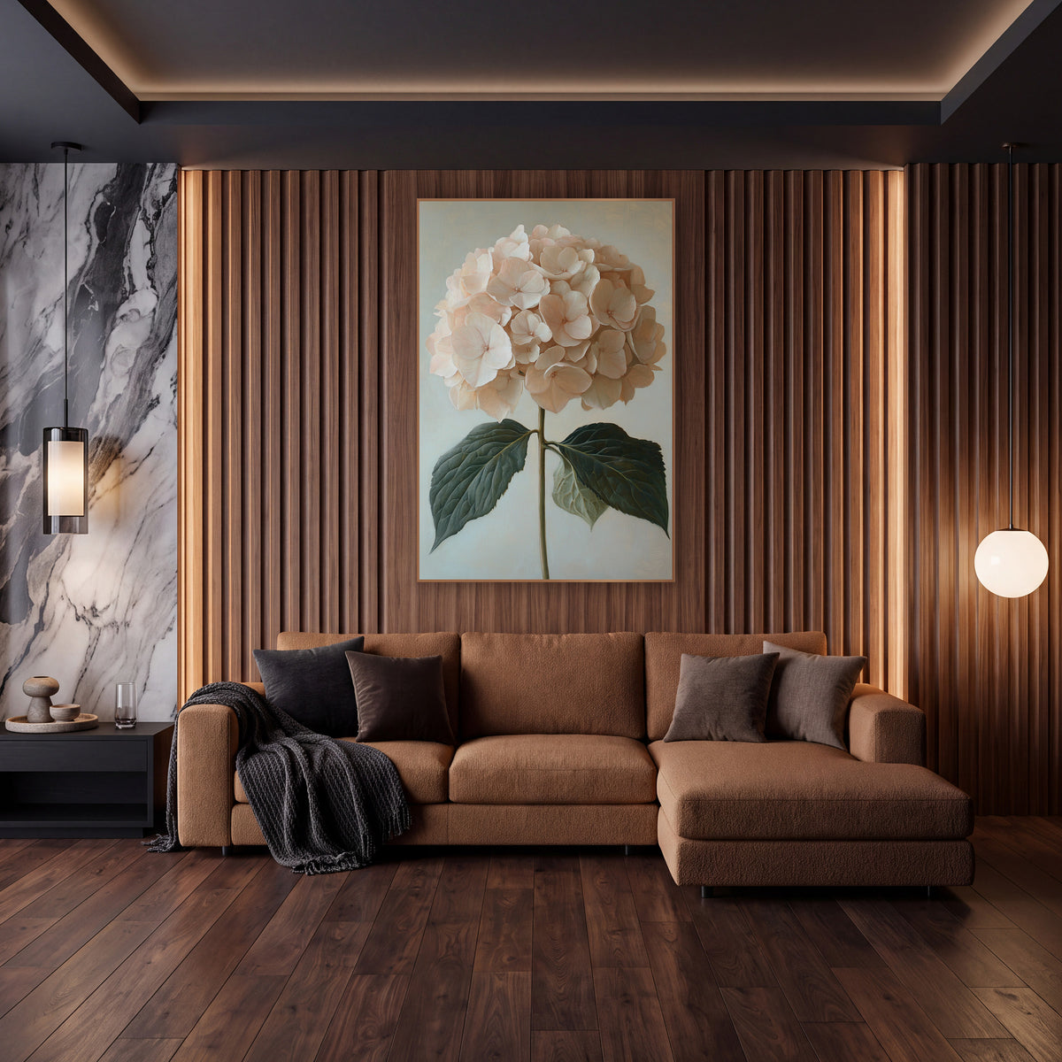 Peach Hydrangea Twin Leaves Classic wall art in an elegant modern room – blush pink hydrangea flower head on a green