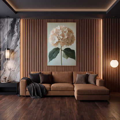 Peach Hydrangea Twin Leaves Classic wall art in an elegant modern room – blush pink hydrangea flower head on a green