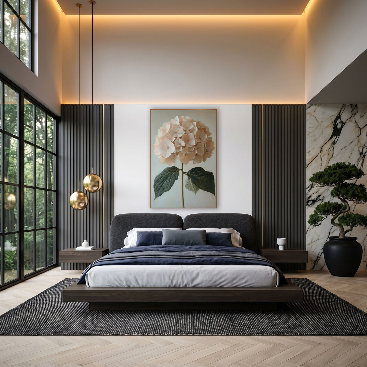 Peach Hydrangea Twin Leaves Classic wall art in an elegant modern room – blush pink hydrangea flower head on a green