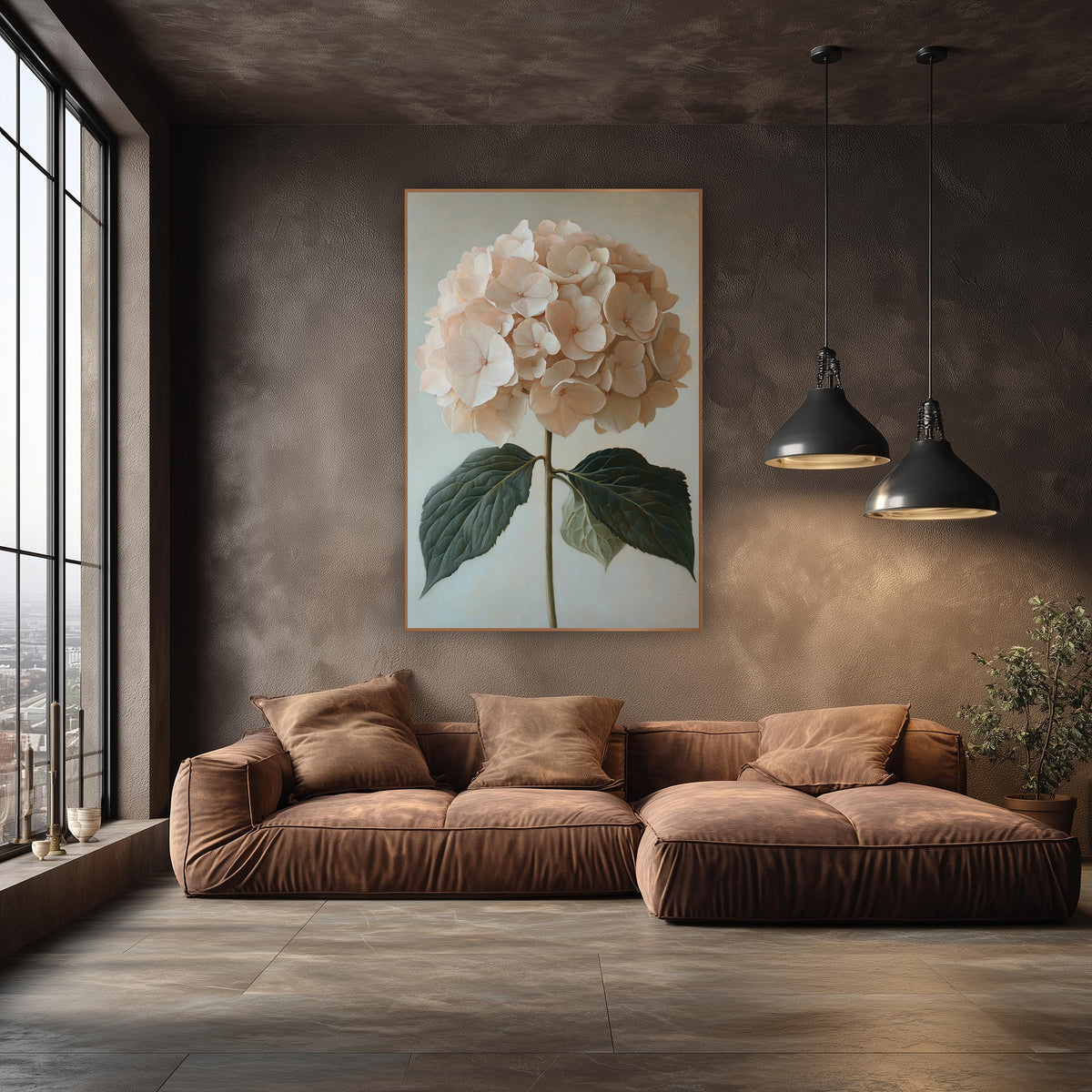 Peach Hydrangea Twin Leaves Classic wall art in an elegant modern room – blush pink hydrangea flower head on a green