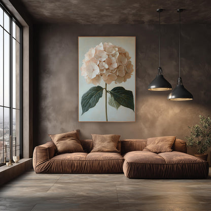 Peach Hydrangea Twin Leaves Classic wall art in an elegant modern room – blush pink hydrangea flower head on a green