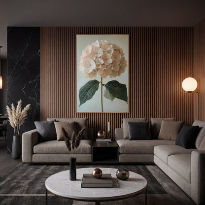 Peach Hydrangea Twin Leaves Classic wall art in an elegant modern room – blush pink hydrangea flower head on a green