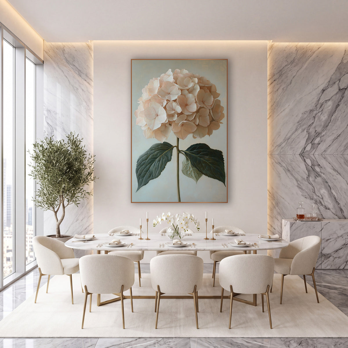 Peach Hydrangea Twin Leaves Classic wall art in an elegant modern room – blush pink hydrangea flower head on a green