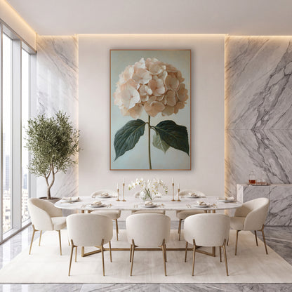 Peach Hydrangea Twin Leaves Classic wall art in an elegant modern room – blush pink hydrangea flower head on a green